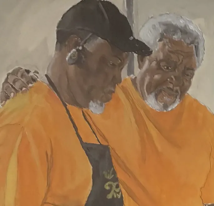 Close detail of the family painting: Rev. John Graydon Sr. with his arm around his son Daryl.